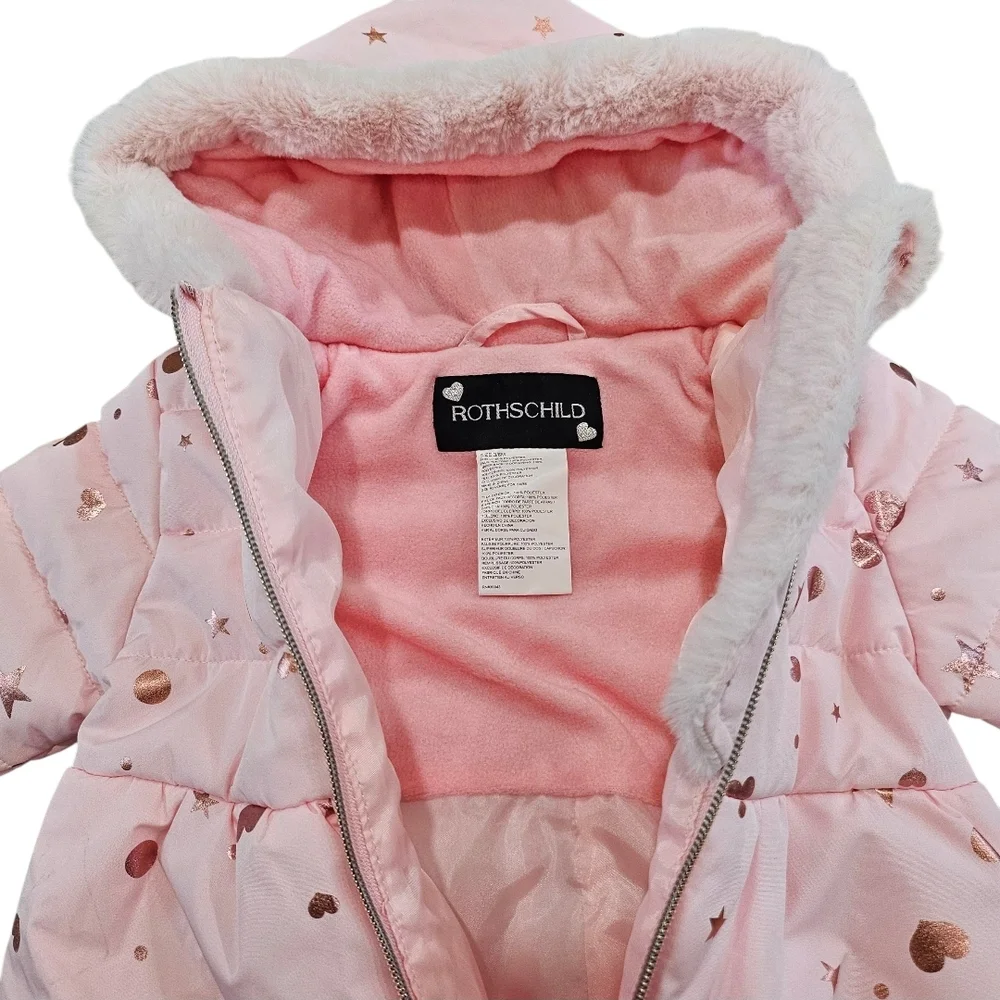 Rothschild Baby Girls Foil Print Zip Up‎ Pram Snowsuit Bib 3-6 Months Faux Fur